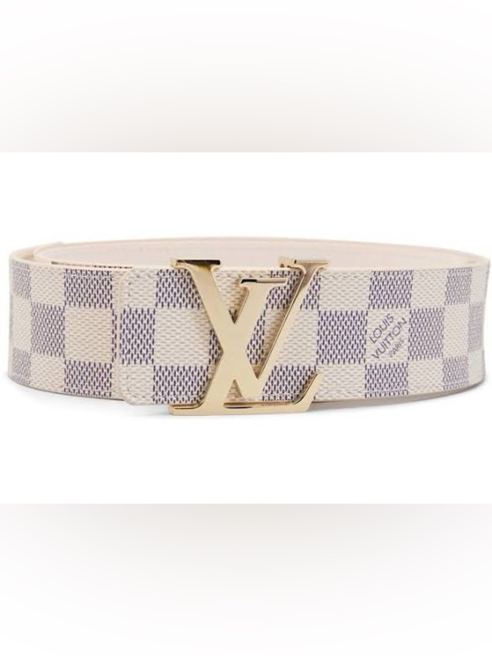 Louis Vuitton Cream Checkered Belt with Gold LV Buckle